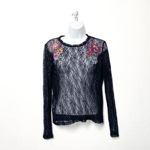 Y2K Mesh Black Long Floral Goth Sleeve Top